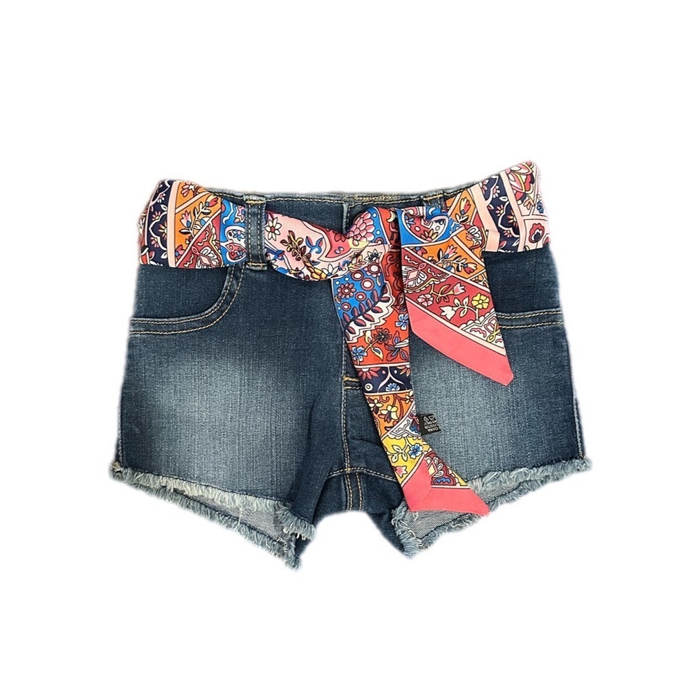 Toddler Denim Shorts W/ Paisley Print Scarf Belt